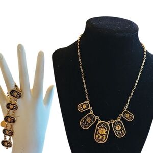 Egyptian Gold Tone & Blue Enamel Pendant Necklace & Bracelet